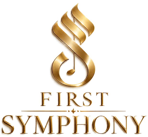 Logotipo da First Symphony: símbolo dourado em forma de S com nota musical e o nome First Symphony